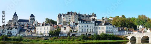 Saint Aignan sur Cher. France. View of the castle and collegial church and the bridge, by the river