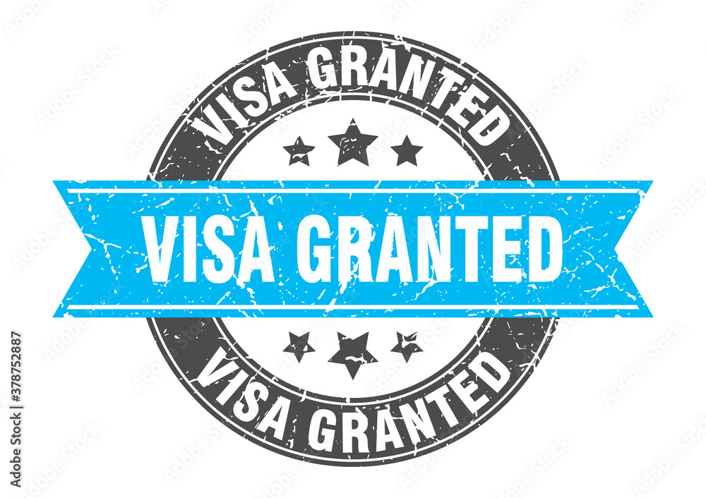 visa granted round stamp with ribbon. label sign