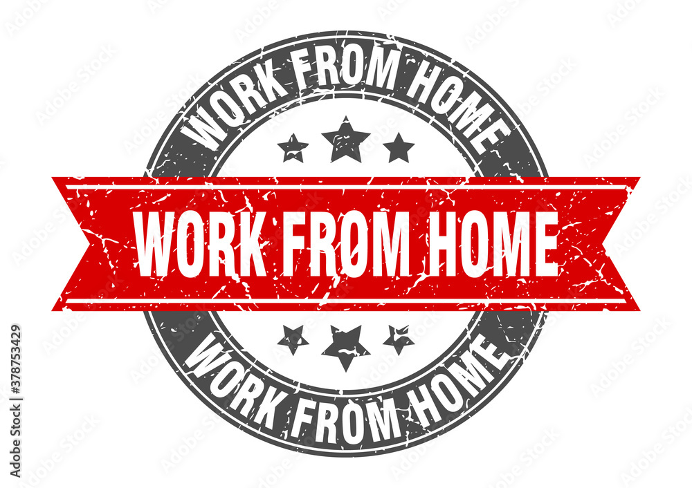Fototapeta premium work from home round stamp with ribbon. label sign
