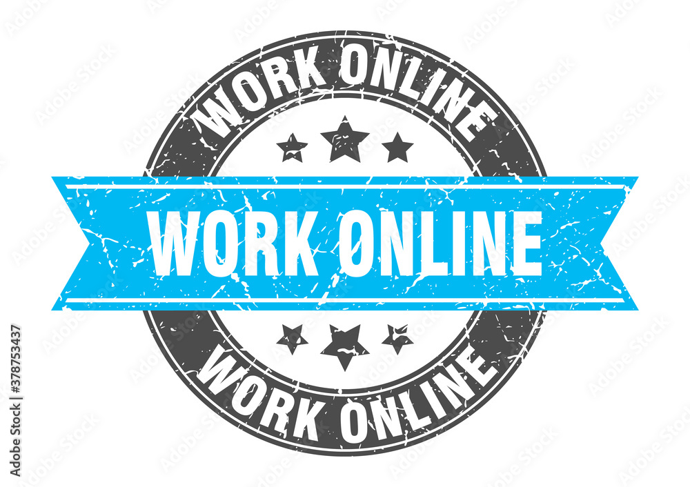 work online round stamp with ribbon. label sign work online round stamp with ribbon. label sign