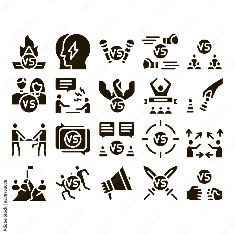 Battle Competition Glyph Set Vector. Champion Battle, Box And Run Sport Championship, Chess And Karaoke, Loudspeaker And Sword Glyph Pictograms Black Illustrations Battle Competition Glyph Set Vector. Champion Battle, Box And Run Sport Championship, Chess And Karaoke, Loudspeaker And Sword Glyph Pictograms Black Illustrations