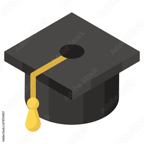 
Graduate convocation cap, mortarboard icon in isometric design.
