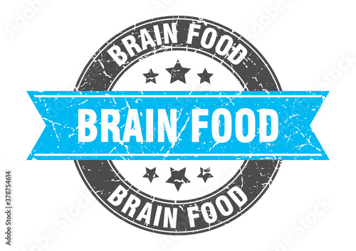 brain food round stamp with ribbon. label sign