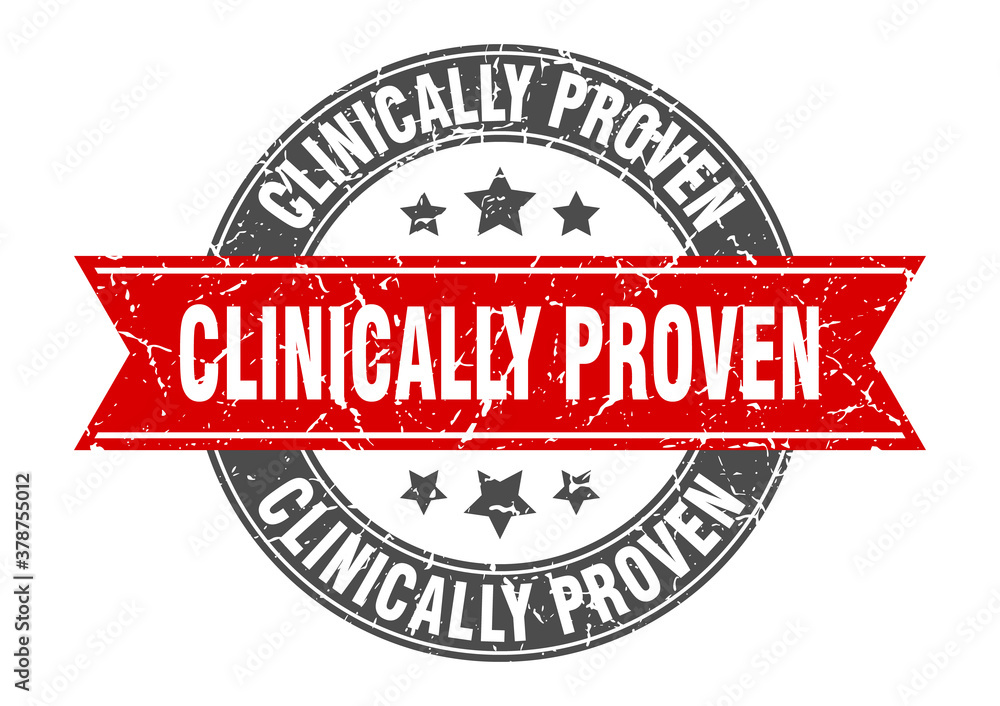 clinically proven round stamp with ribbon. label sign