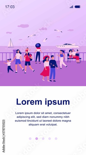 Happy people walking along sea on quay isolated flat vector illustration. Cartoon characters relaxing at seaside and watching boats. Summer activity and vacation concept