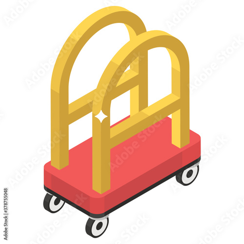 
Hotel luggage cart service, isometric icon of bellhop vector design 
