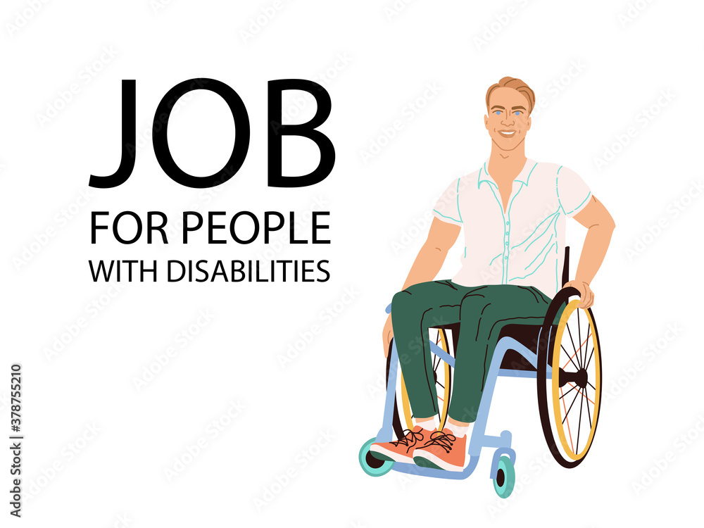 Fototapeta premium Vector illustration of a blond man on a wheelchair. Work for people with disabilities. Banner concept on the topic of employment for people with special needs. Drawn in flat style.