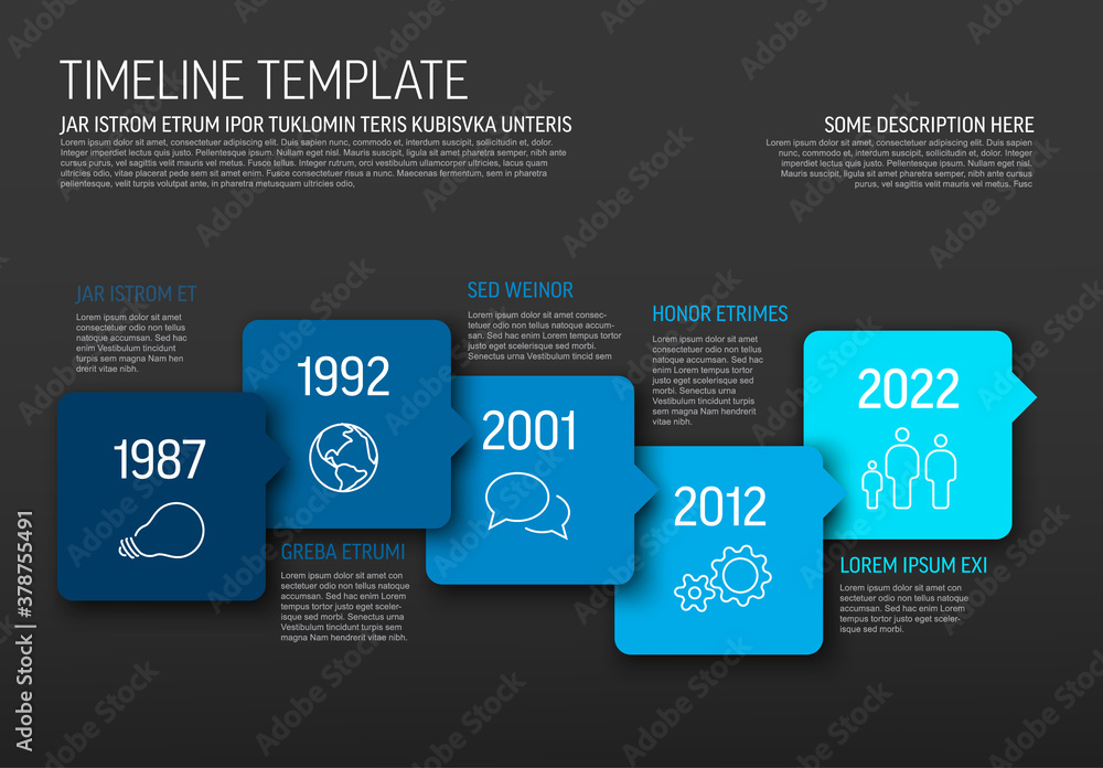 Vector Infographic blue horizontal timeline template - obrazy, fototapety, plakaty 