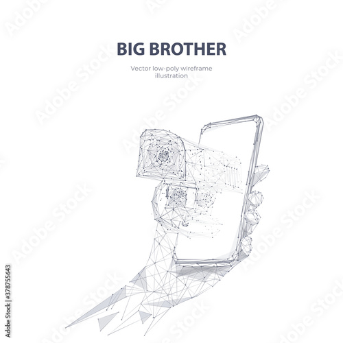 Polygonal 3d hand holding smartphone with security camera on screen isolated in white. Big Brother is watching. Abstract vector sketch drawing. Surveillance, spying, personal data and privacy concept