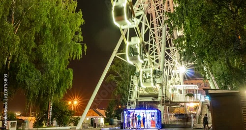 Wiener Riesenrad in Prater night timelapse - oldest and biggest ferris wheel in Austria. Symbol of Vienna city. View from park photo
