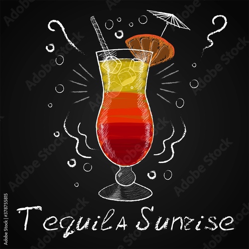 Beautiful illustration of Tequila sunrise cocktail in chalk on a blackboard