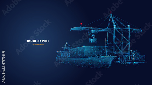 Digital polygonal cargo sea port. 3d ship, port crane and containers in dark blue. Container ships, transportation, logistics, business or worldwide shipping concept. Abstract vector mesh illustration