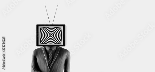 Business man with an old tv instead of head. Mass media addiction. Television manipulation and crowd control. 3d render 3d illustration photo