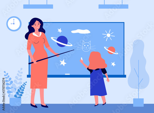 Schoolgirl drawing on chalk board in class. Teacher with pointer asking pupil at blackboard flat vector illustration. Lesson, school class concept for banner, website design or landing web page