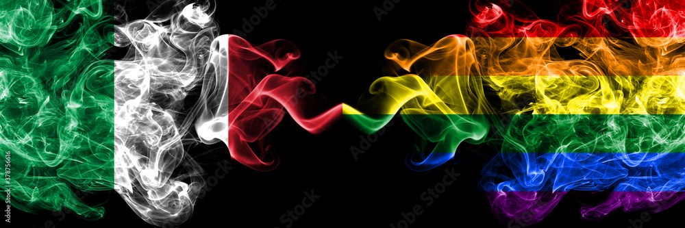 Italy vs Gay pride smoky mystic flags placed side by side. Thick colored silky abstract smoke flags of Italian and Gay pride