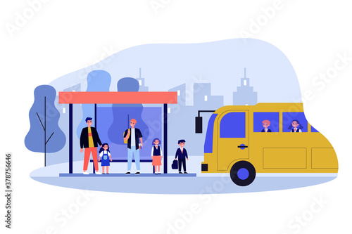 Children waiting for school bus. Kids standing at bus station flat vector illustration. Transport, transportation, urban service concept for banner, website design or landing web page