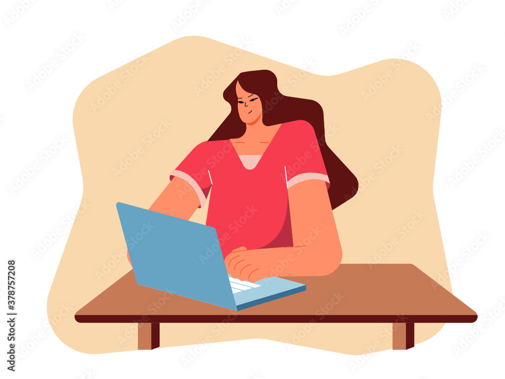 Trendy female character sitting at a table in front of a computer. Vector. Trendy female character sitting at a table in front of a computer. Vector.