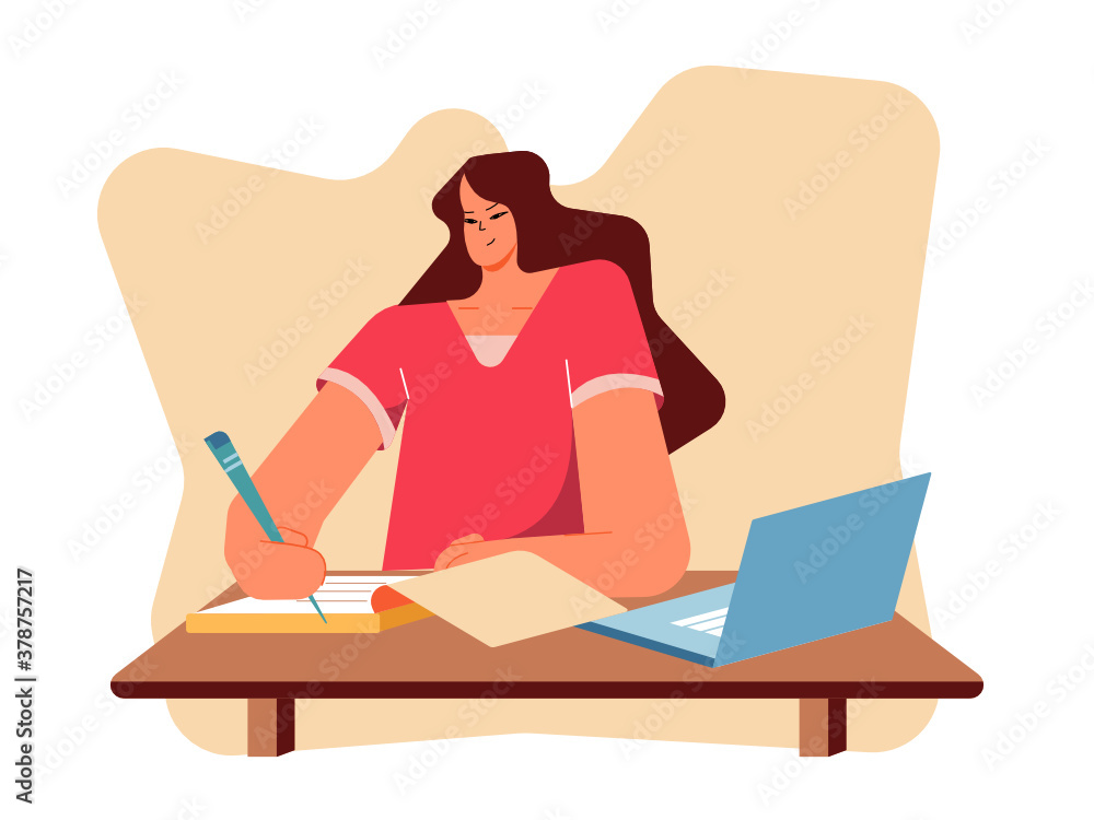 Woman working on a laptop. Trendy female character sitting at a table in front of a computer. Vector. Woman working on a laptop. Trendy female character sitting at a table in front of a computer. Vector.