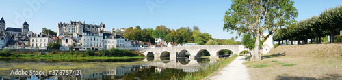 Saint Aignan sur Cher. France. View of the castle and collegial church, by the river