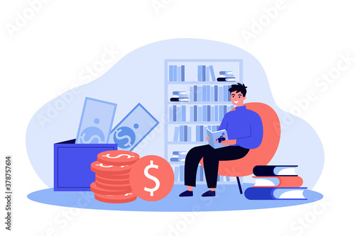 Student studying finance. Young man reading book about money flat vector illustration. Financial education, learning concept for banner, website design or landing web page