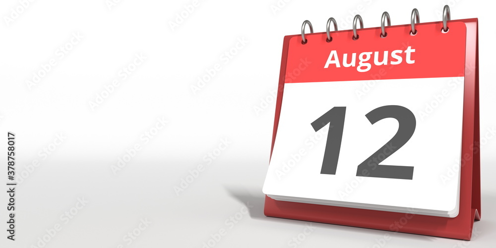 August 12 date on the flip calendar page, 3d rendering August 12 date on the flip calendar page, 3d rendering