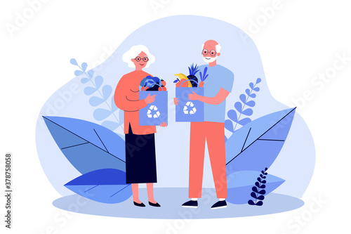 Senior couple shopping with reusable bags. Old people with paper bags with organic food flat vector illustration. Healthy eating, waste recycling concept for banner, website design or landing web page