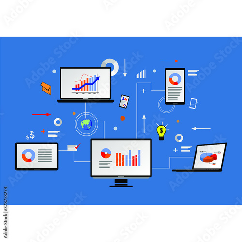 technology and various business icon, computer, phone, laptop, infochart, infographic