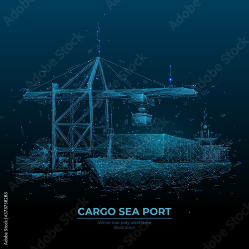 Abstract low poly cargo sea port. 3d ship, port crane and containers in dark blue. Container ships, transportation, logistics, business or worldwide shipping concept. Digital vector mesh illustration