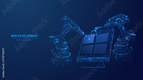 Abstract polygonal 3d illustration of computer screen and robotics in dark blue. Innovative web development, app or website design concept. Digital vector mesh with lines, dots, stars and particles
