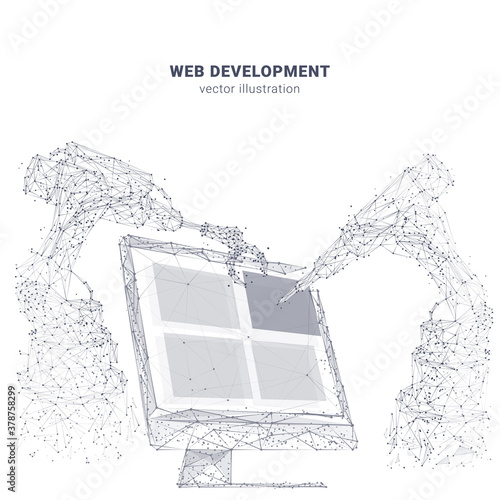 Abstract computer screen and robotics isolated in white. Innovative web development, app or website design concept. Vector sketch drawing with lines, dots, particles and triangles. Low poly wireframe