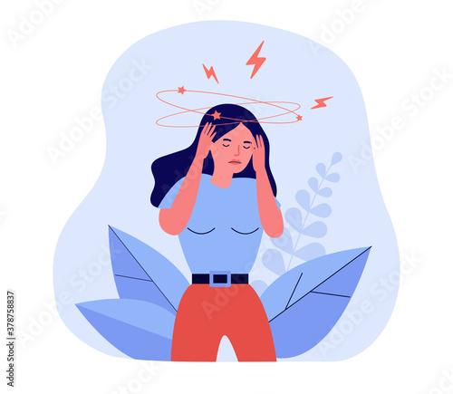 Woman feeling vertigo or dizzy. Sick or drunk confused lady suffering from head ache. Vector illustration for headache, stress, illness symptom concept