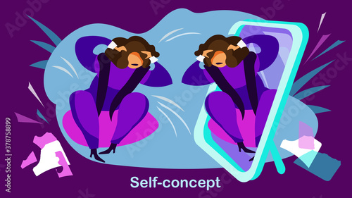 The woman is upset sitting in front of the mirror. Vector illustration of the psychological concept of self-concept