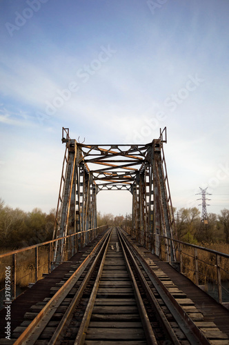 Abandoned railway bridge over the Dnieper river in Kherson, Ukraine.