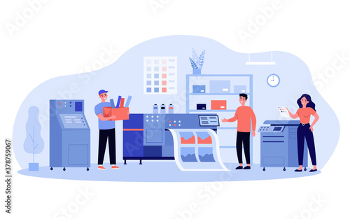 Print production concept. Typography workers using big commercial printer for printing colorful posters. Vector illustration for ad agency, printing industry, typography topics