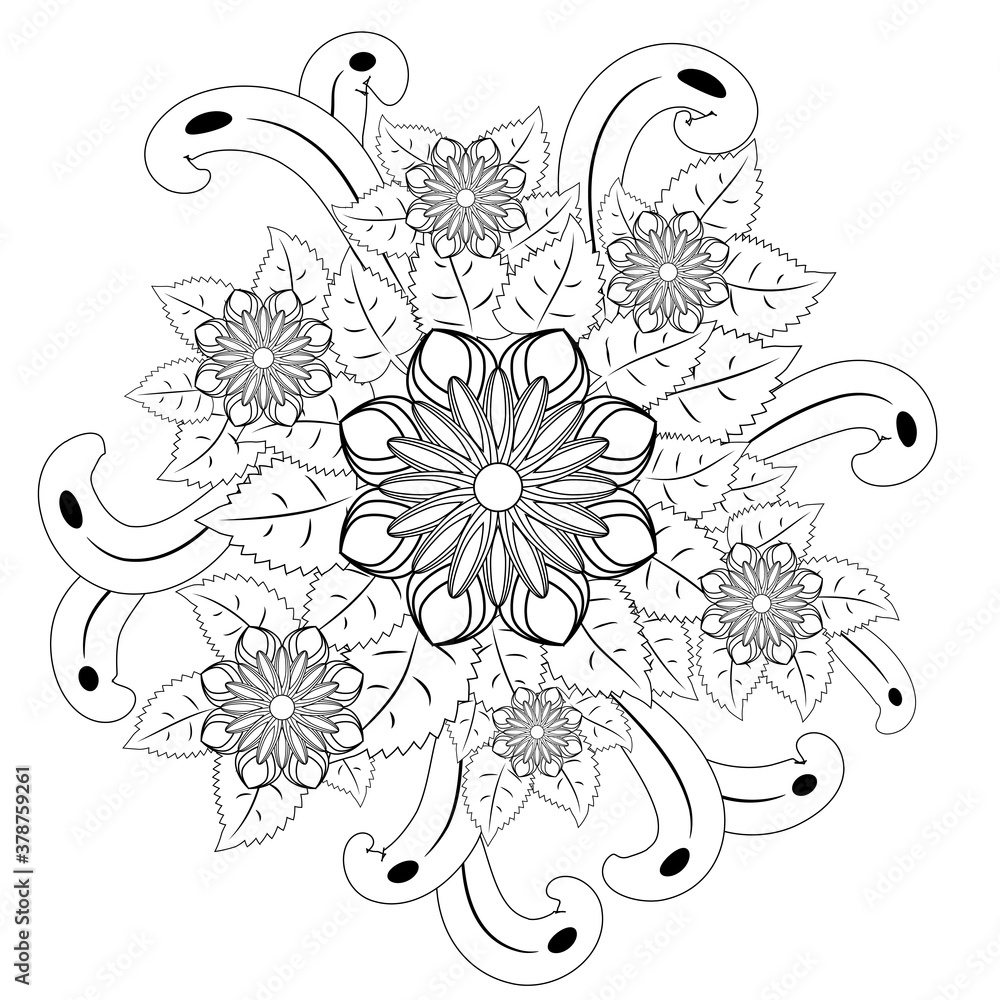 floral mandalaa stylized circular ornament. floral mandala. black-and-white drawing. coloring book for children and adults. page for artbook.