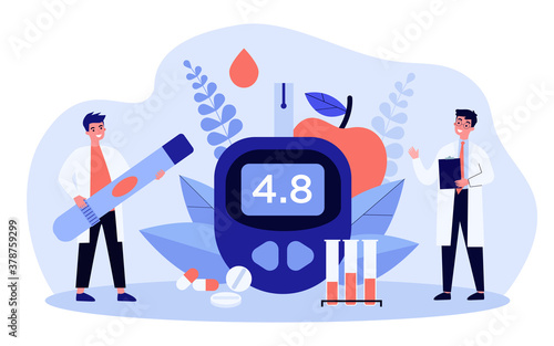 Glucose level and diabetes concept. Doctors with glucometer and lab tubes checking blood for sugar. Vector illustration for health, medical test, hypoglycemia topics