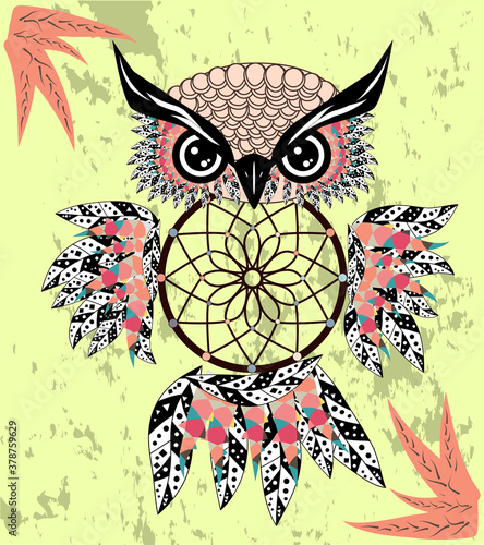 dream catcher with owl. boho style. totem animal