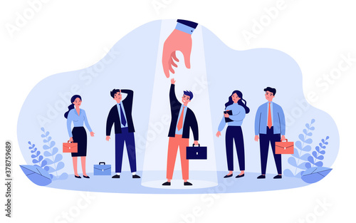 Professional selection concept. Employer choosing candidate and giving hand to employee under spotlight. Vector illustration for hiring, human resource, talent search, competition topics
