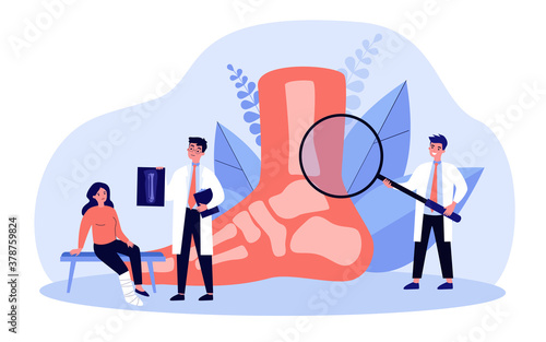 Foot or toe trauma concept. Podiatry doctor giving X ray to patient with plaster on ankle. Vector illustration for podiatrist, physiotherapist, feet disease treatment, surgery topics