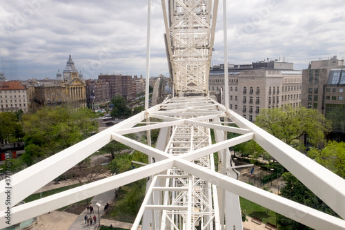 A giant panoramic Ferris wheel with a great cityscape in the center of Budapest, Hungary