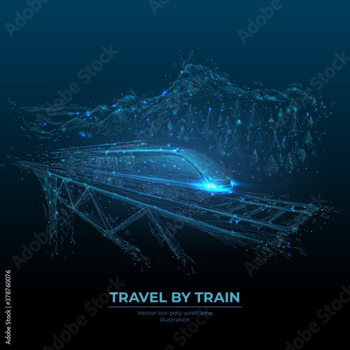 Abstract polygonal high-speed train on rail bridge in dark blue. Travel by train banner template. Transport, travelling, tourism concept. 3d digital vector illustration with lines and connected dots 