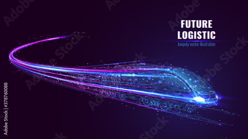 Digital low poly wireframe of futuristic high-speed train. Future logistics, modern technology, transport concept. Abstract 3d blue and purple illustration with connected dots. Vector color mesh