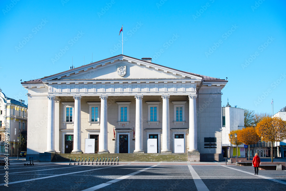 Vilnius, Lithuania - 16 jun,2020: scenic view of Vilnius town hall first day after quarantine. Vilnius old town.