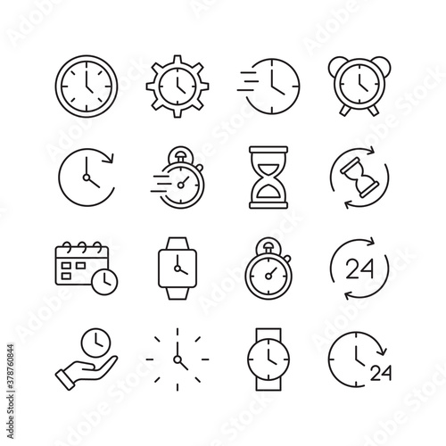Time and clock icon set. Contains such Icons as alarm, time management, hourglass. Line style design. Vector graphic illustration. Suitable for website design, app, template, ui. Editable stroke.