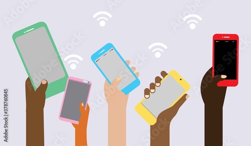 Raised hands holding the phone
