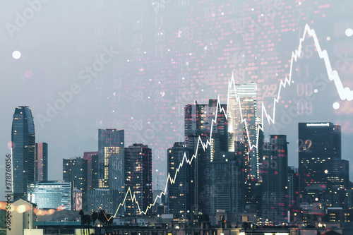 Multi exposure of virtual abstract financial chart hologram and world map on Los Angeles skyscrapers background  research and analytics concept