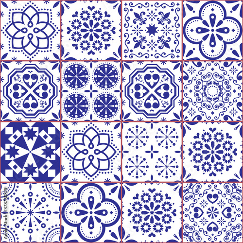 Portuguese Azulejo tile seamless vector pattern, Lisbon navy blue retro tiles design collection
