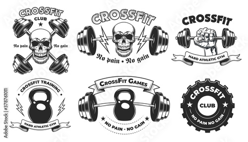 Hard athletic gym badges. Fitness club vintage emblem, bodybuilder skulls with barbells, athlete community vintage label. Vector illustrations with text for sport, weightlifting, lifestyle concepts