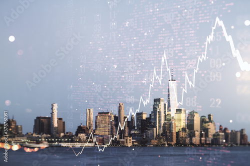 Multi exposure of virtual abstract financial chart hologram and world map on New York city skyscrapers background, research and analytics concept