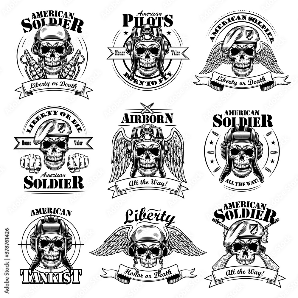 Fototapeta premium Army emblems set. Military labels template with skulls in pilot helmets or soldier hats, air force eagle wings, text and ribbons. Monochrome vector illustrations isolated on white background